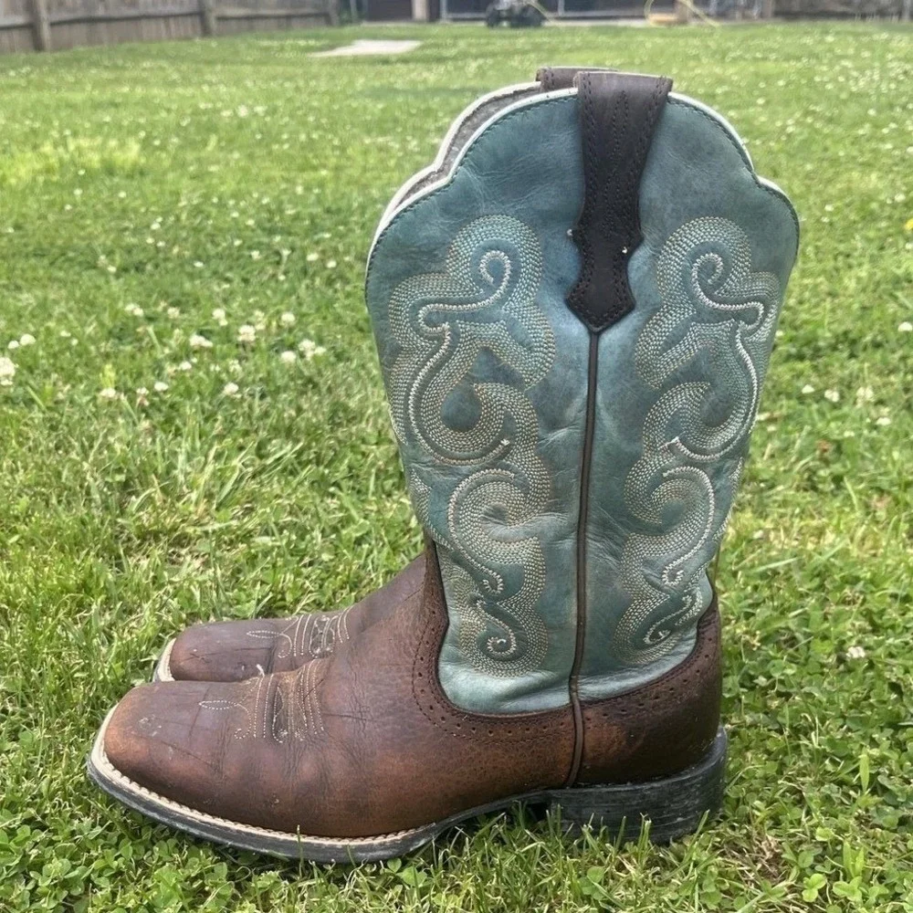 Ariat Quickdraw Western Cowboy Boots Women's 9B Brown Turquoise Square Toe - Picture 2 of 12